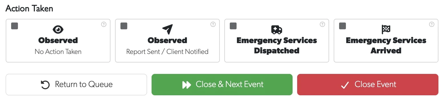 TetherX operator console Action Taken panel - observed, report sent and client notified, emergency services dispatched and arrived, with Return to Queue, Close & Next Event and Close Event