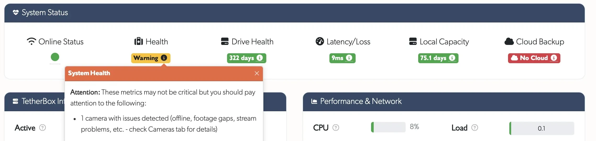 TetherX system health view showing a warning about a camera issue