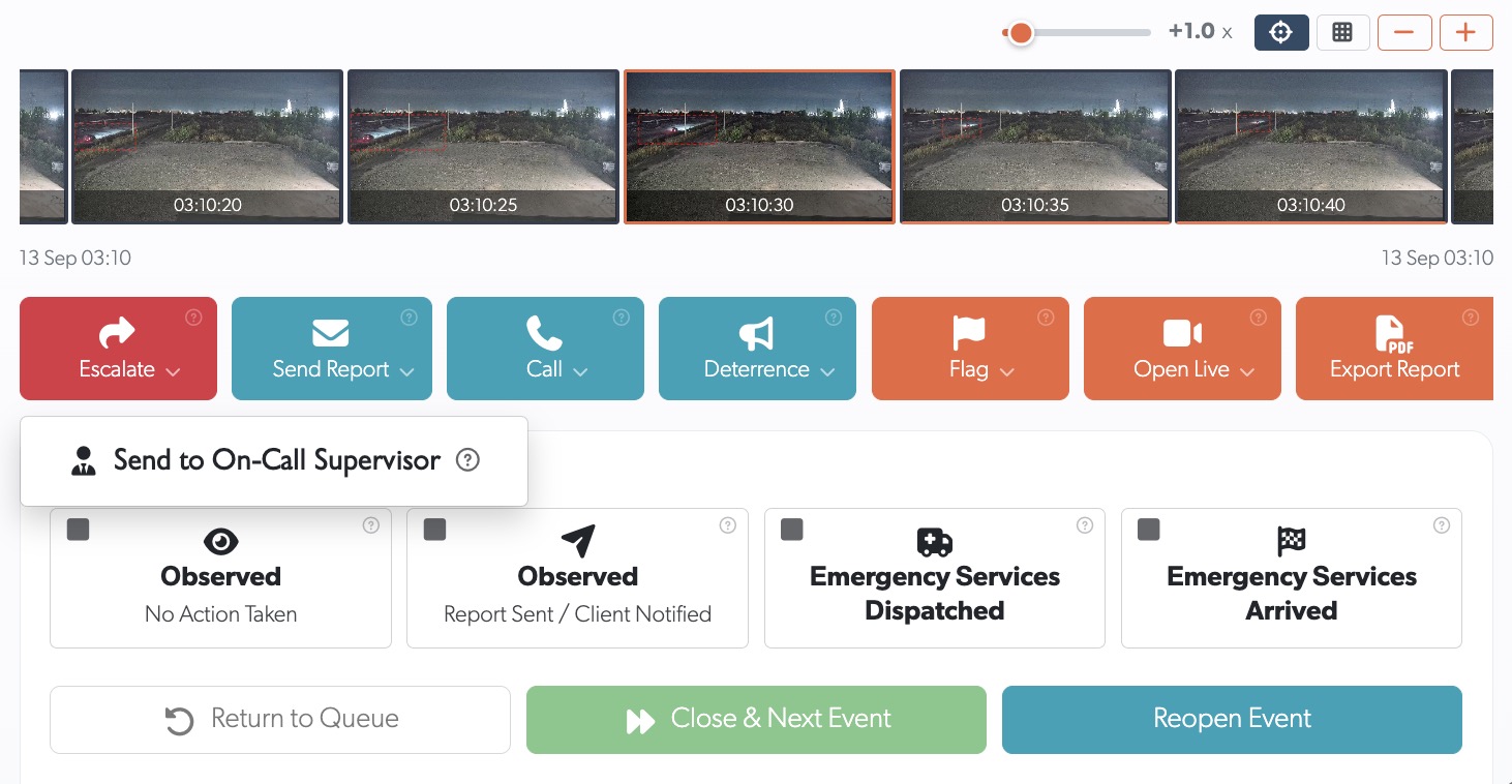 TetherX incident workflow showing video frames, supervisor escalation, response actions and event closure