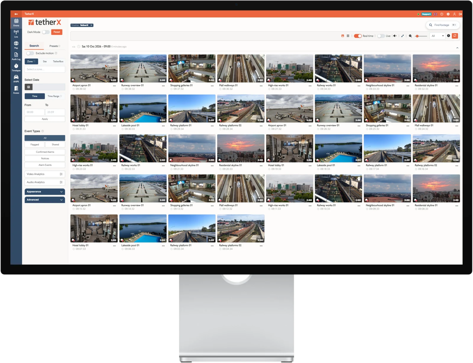TetherX event timeline and camera footage in the browser