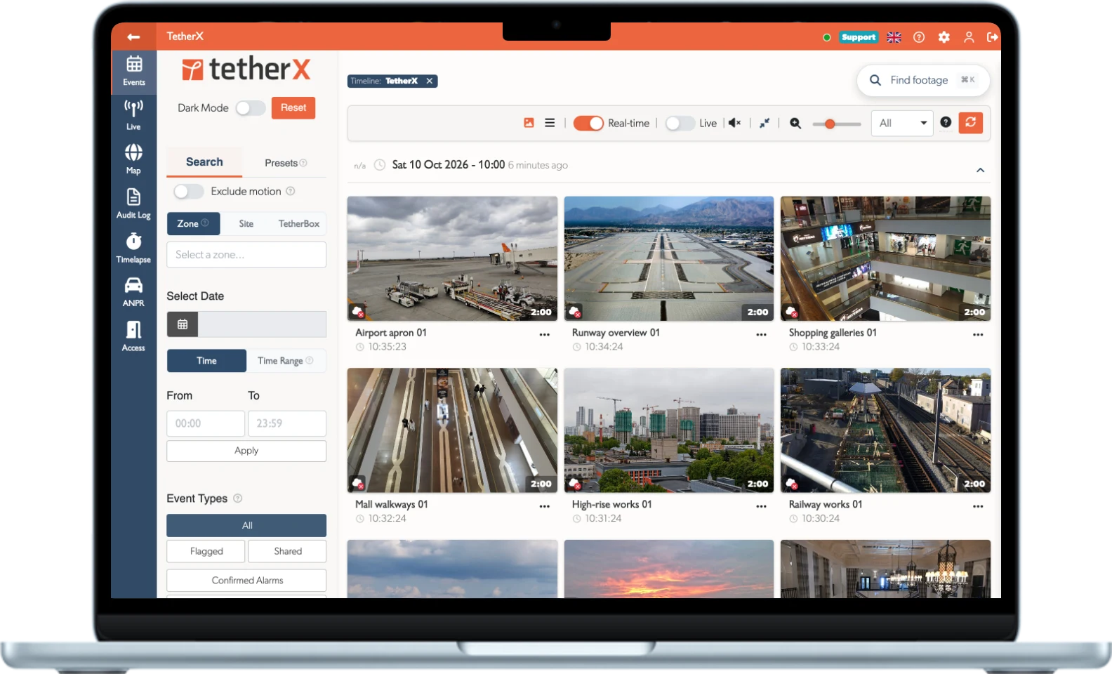 TetherX event search with camera thumbnails and filters on a laptop