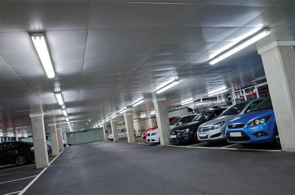 Multi-storey car park interior at night