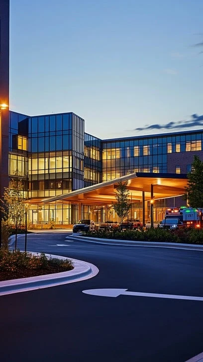 Hospital exterior at dusk