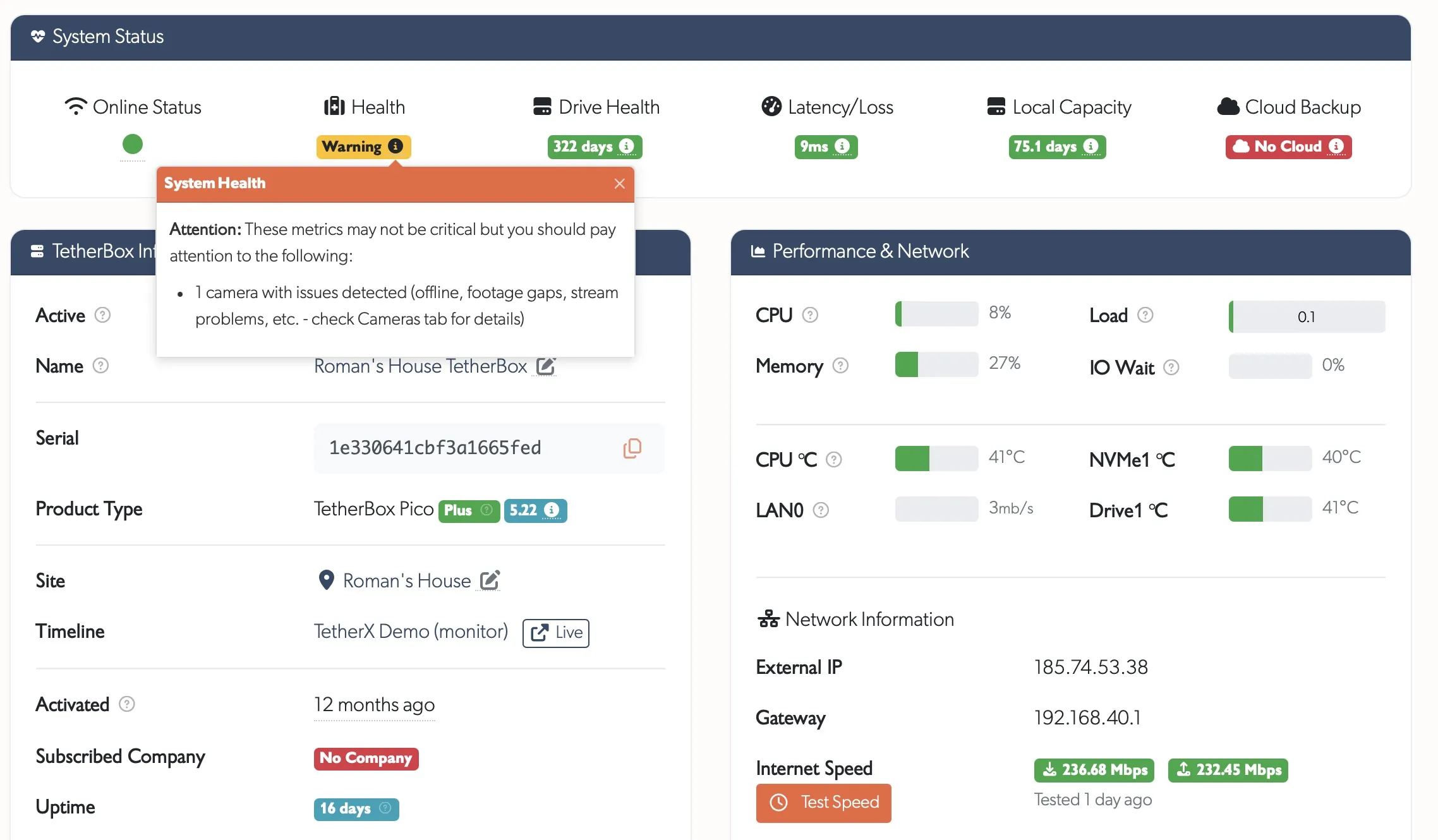 TetherBox Health Dashboard