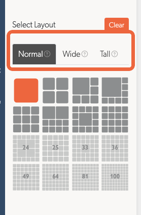 TetherX Live View layout picker with Normal, Wide and Tall shapes