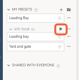 Saved camera presets grouped into a site tour, with a play control for cycling