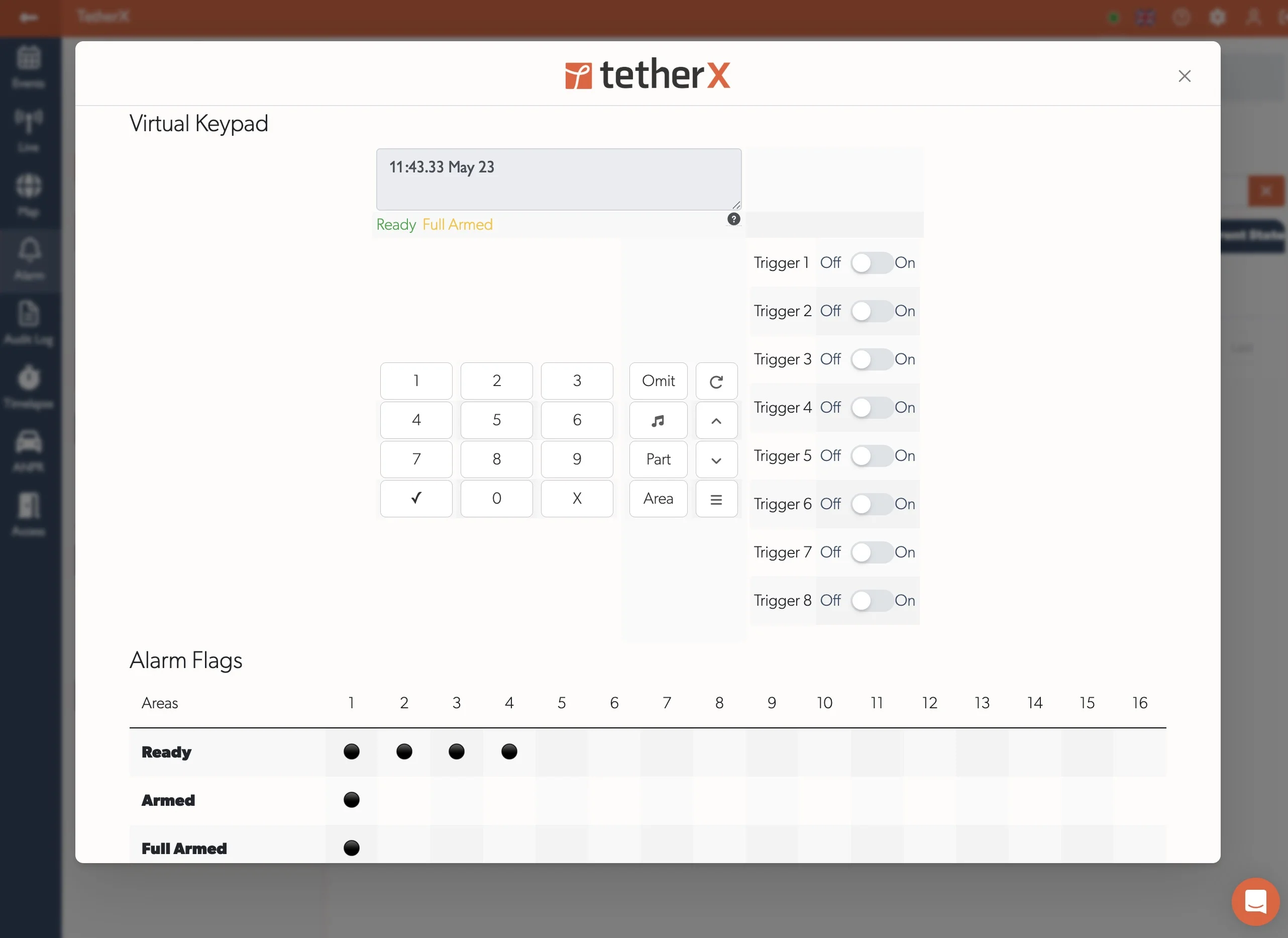 TetherX virtual keypad showing live Texecom panel zones, part-set and full-set controls in the browser
